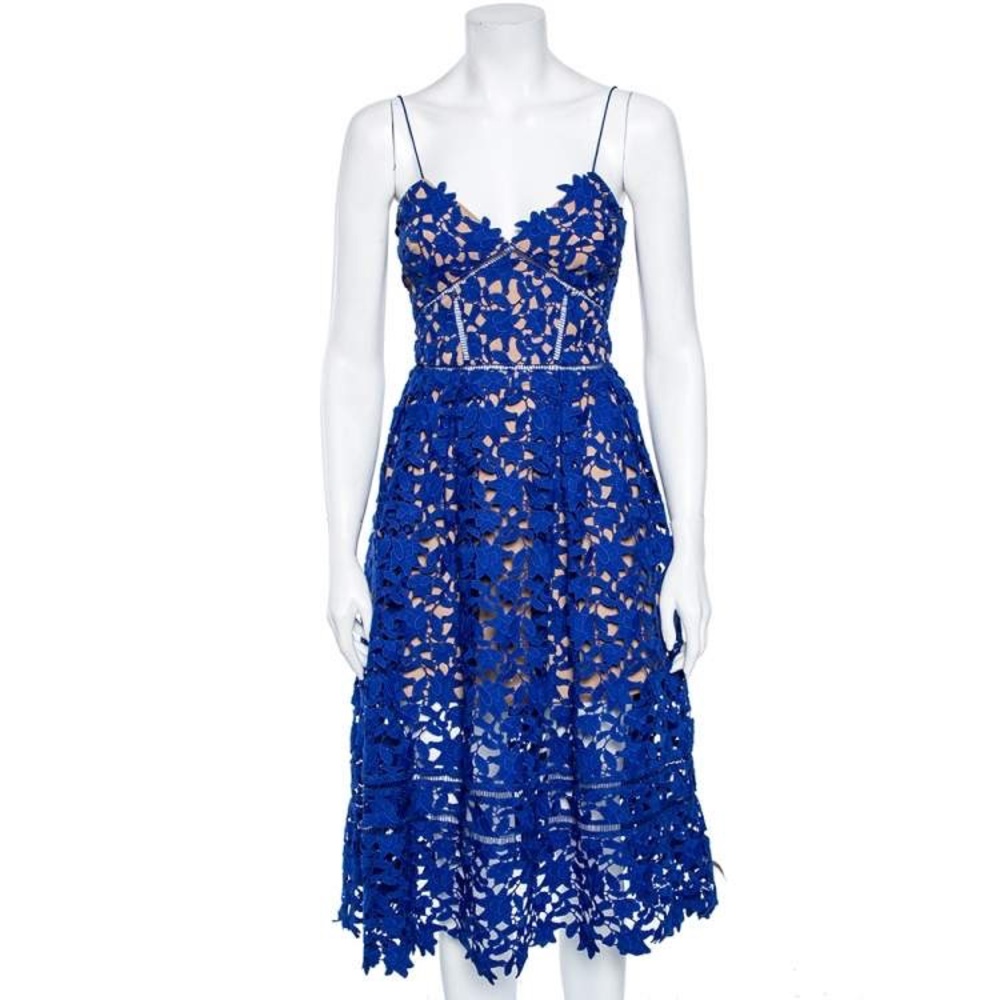 NWT Self-Portrait Azaelea Guipure Lace Dress in   Cobalt Blue US2